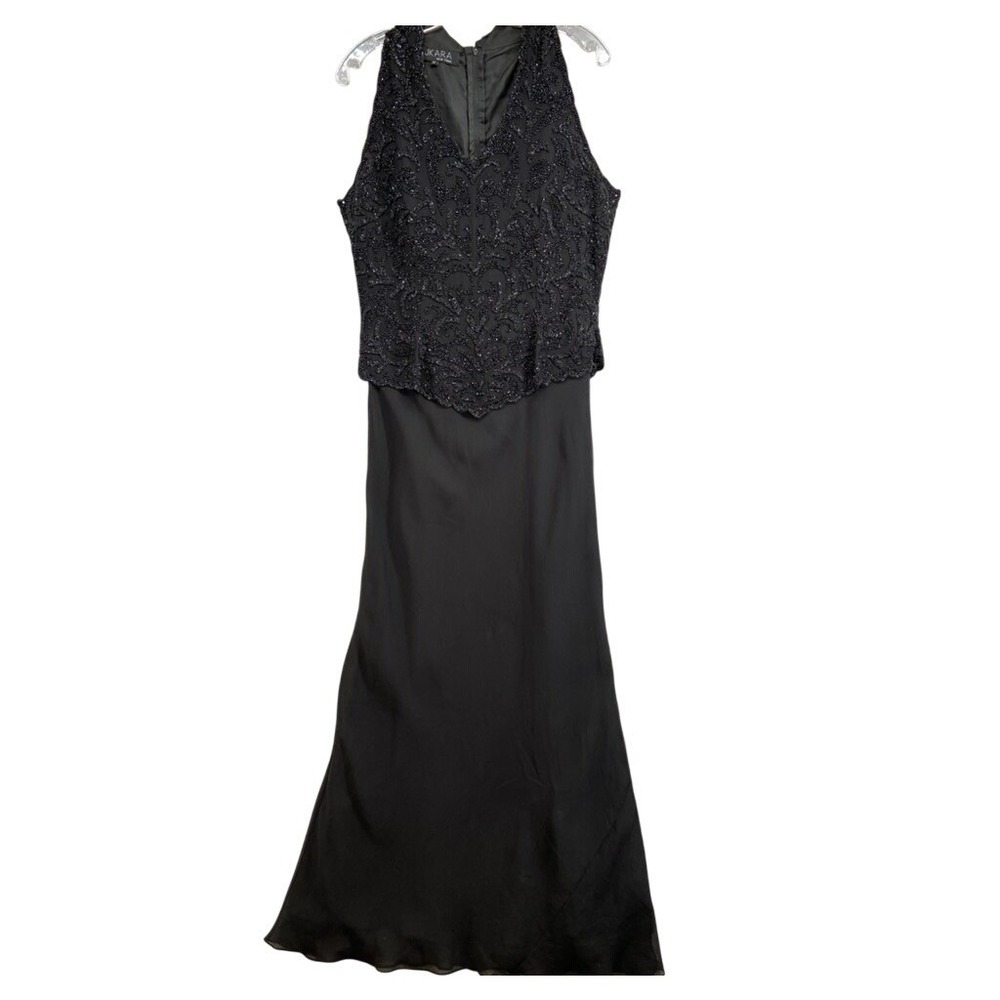 J KARA NEW YORK Gown Sz 12 Black‎ Beaded V Neck Halter Formal Evening Dress